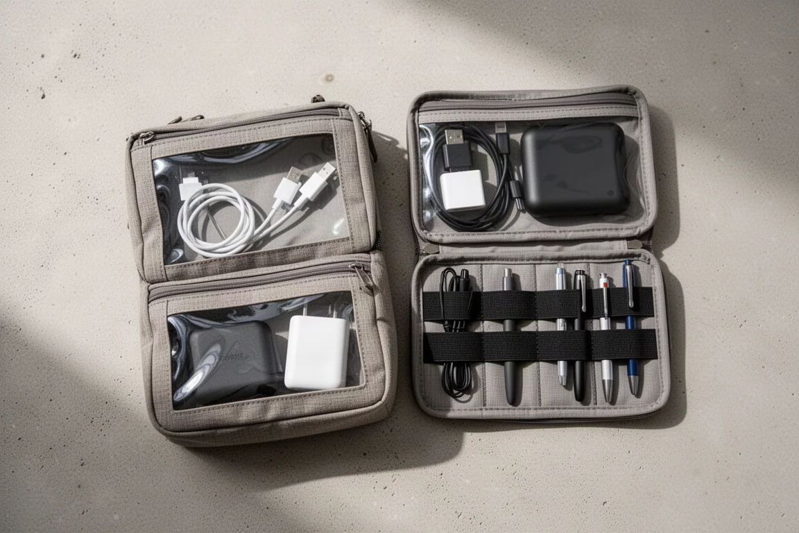 Organizer pouches and stretchy grid panels laid out with small electronics