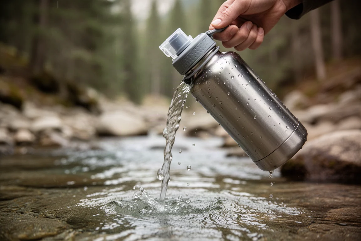 Traveler filtering stream water into a portable bottle outdoors