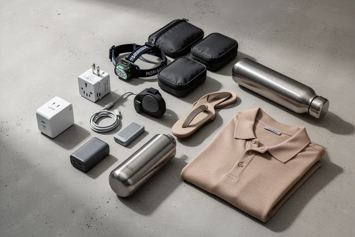 Flat-lay aus verschiedener Reise-Ausrüstung, darunter Ladegeräte, Organizer, eine Wasserflasche und eine Sandale
