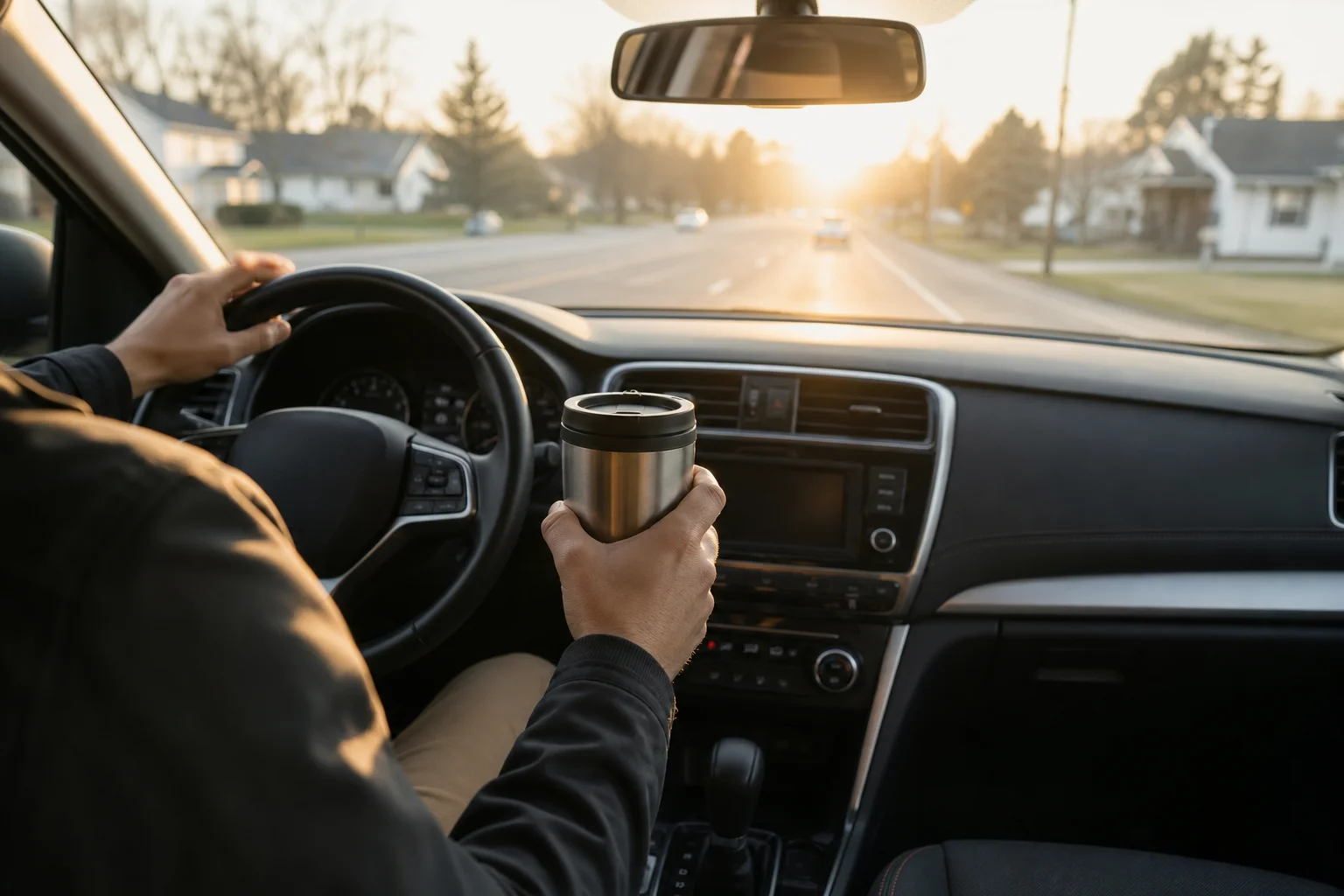 Une personne tenant un mug de voyage lors d'un trajet matinal en voiture