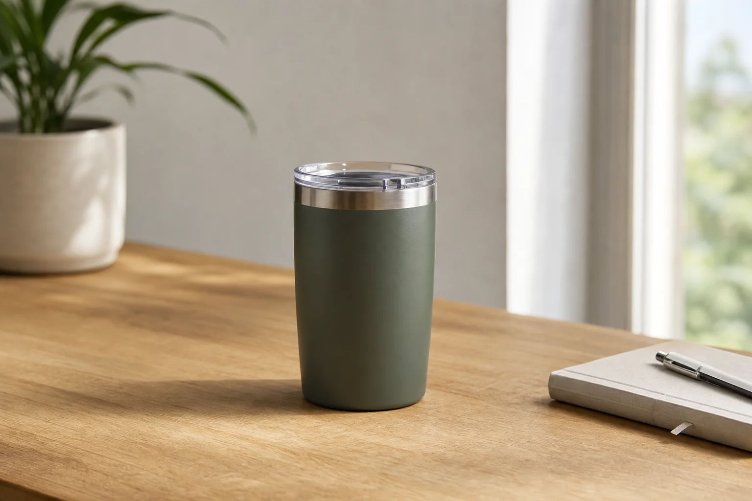 Mug de voyage avec extérieur sans condensation posé sur un bureau en bois