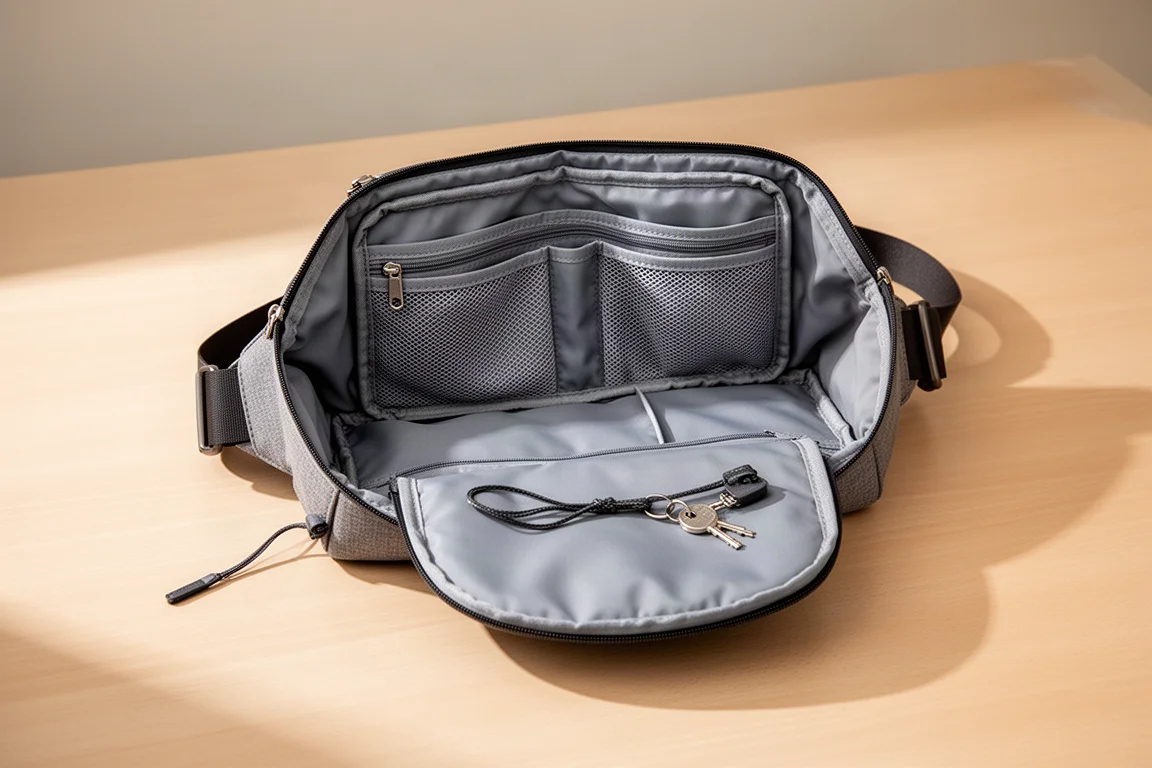 Interieur van een open sling bag met grijze voering, mesh zakken en een sleutelkoord