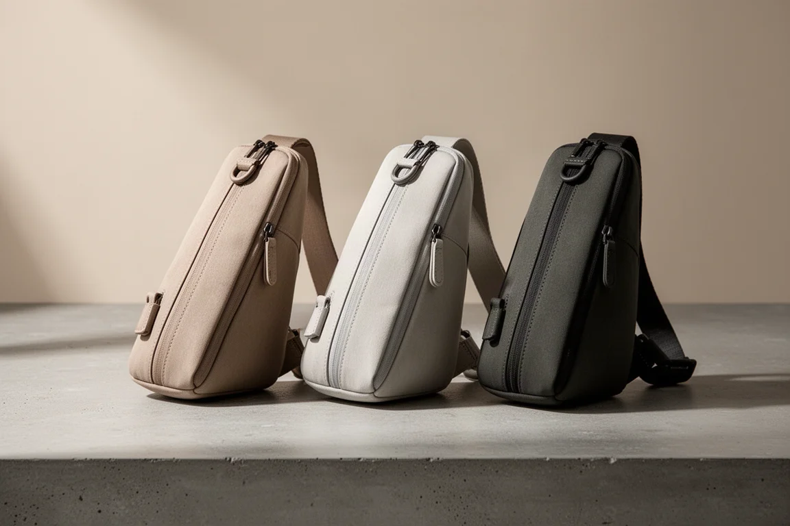 Three minimalist sling bags in different colors arranged on a concrete surface