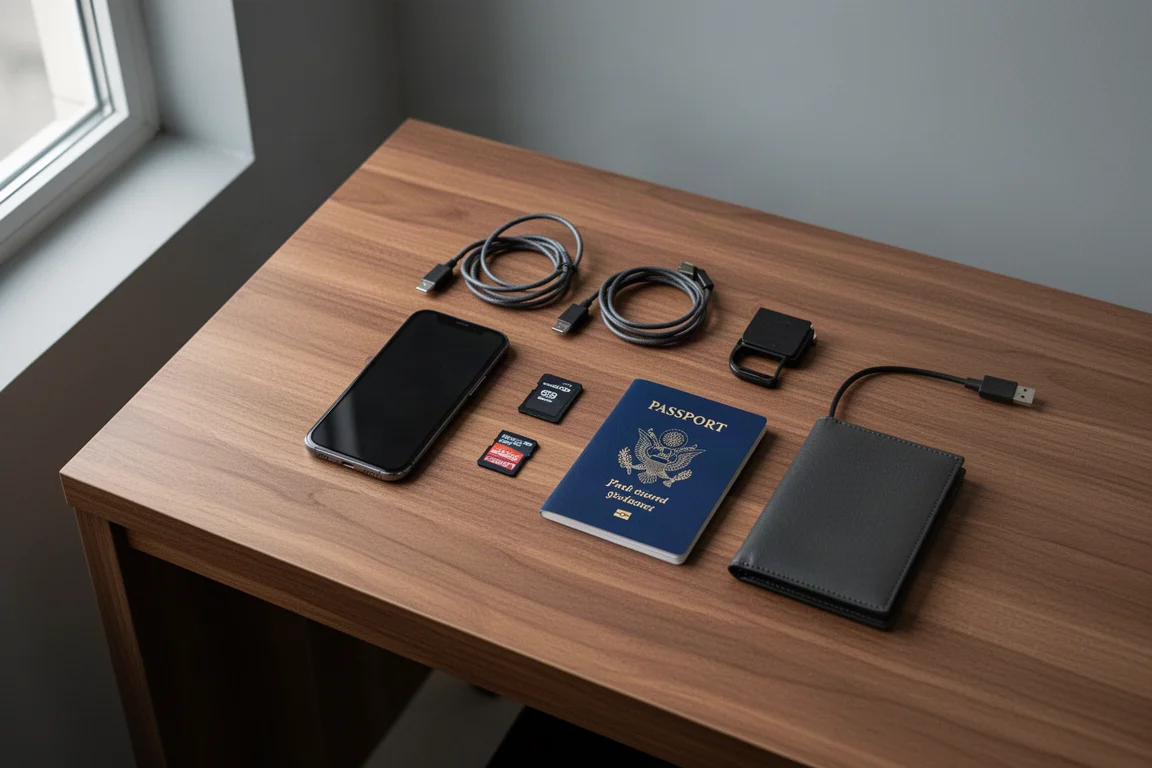 Traveller's desk setup with phone, cables and cards laid out before a trip