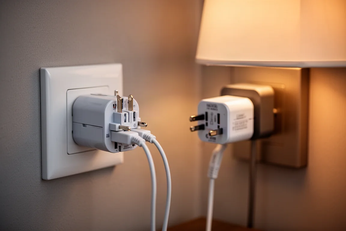 Universal travel adapter plugged into a hotel wall socket near a bedside lamp