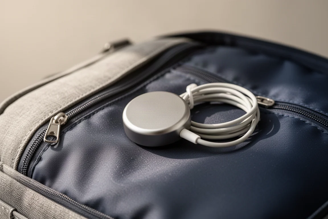 Small Apple Watch charging puck connected to a power bank inside a bag