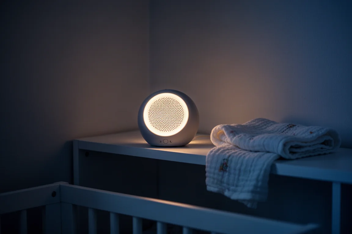 Nursery corner at night with a small round sound machine glowing softly