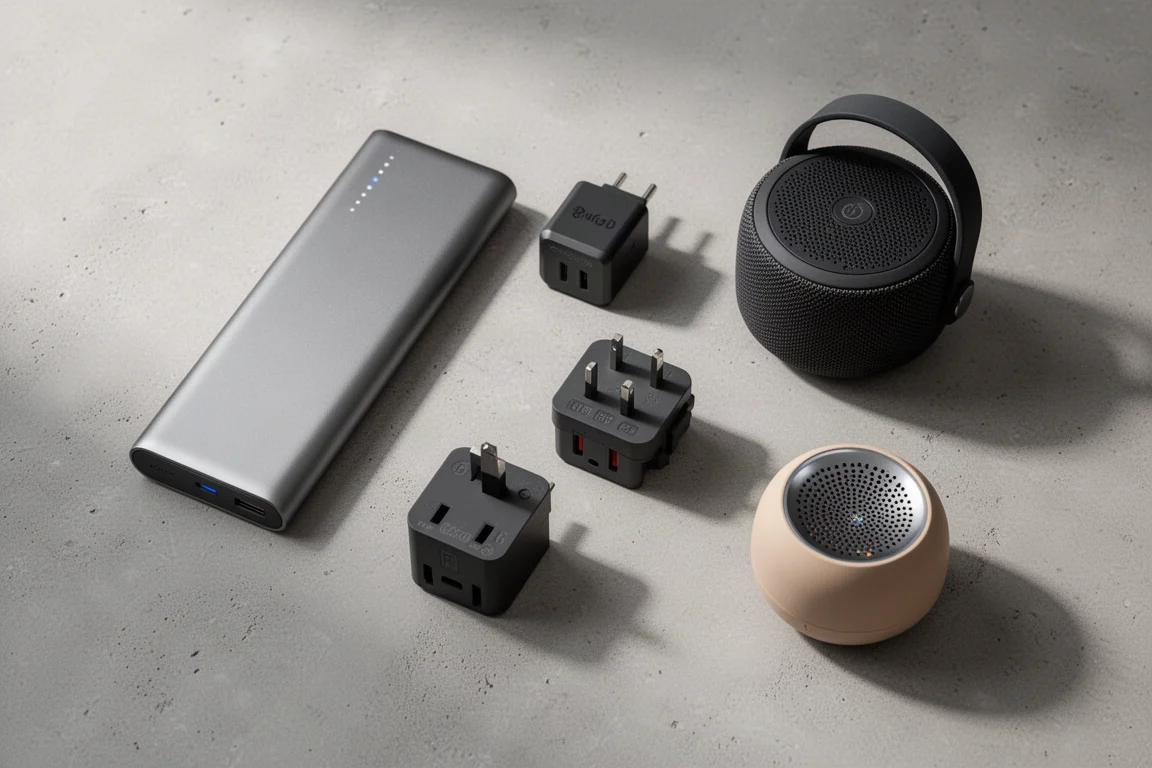 Flat-lay of compact travel gadgets including power bank, charger, adapter and speaker on concrete