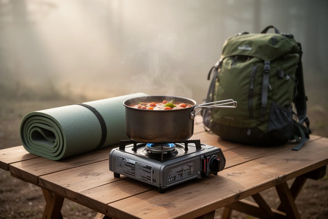 Campingtisch mit tragbarem Kocher und eingepacktem Reisebesteck neben einer fertigen Mahlzeit