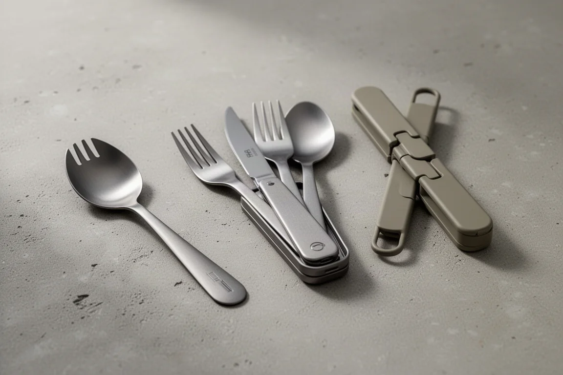 Three compact travel utensil sets arranged on a matte concrete surface