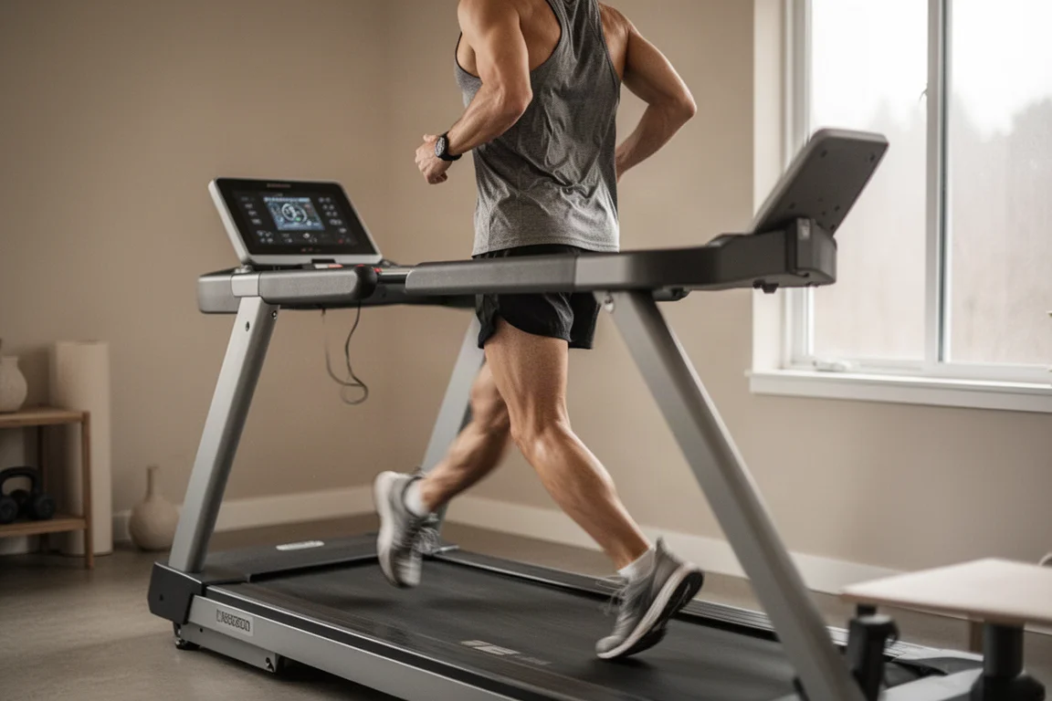 Löpare som joggar lugnt på ett löpband i ett tyst hemmagym