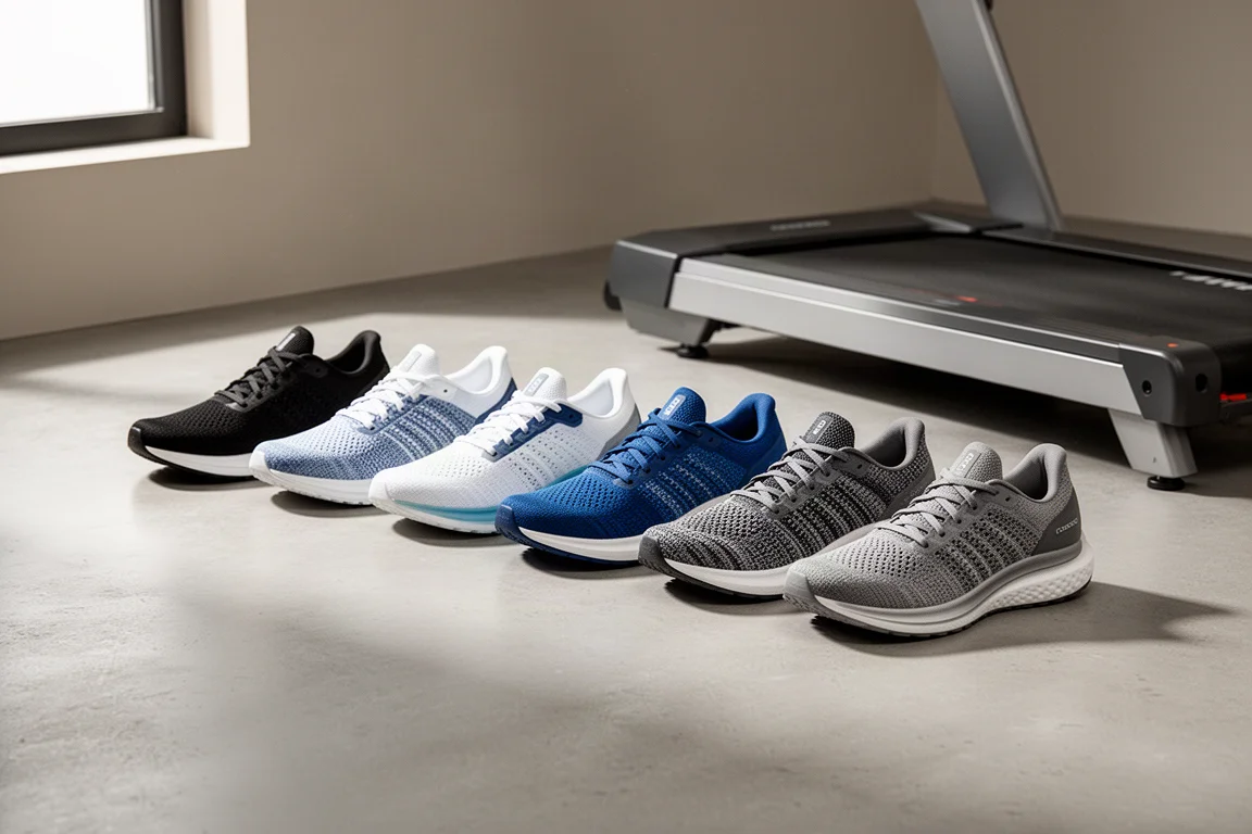 Lineup of seven running shoes beside a treadmill in a minimalist gym