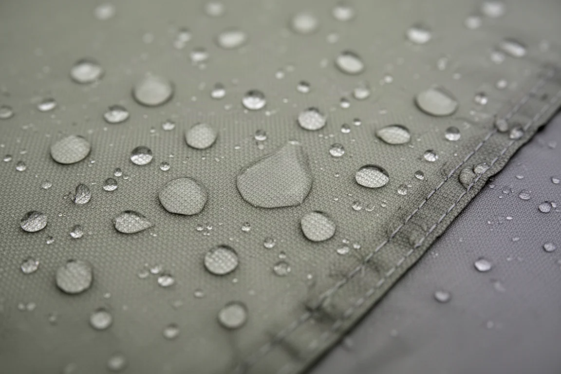 特寫顯示雨點在繃緊的濕潤帳篷外帳布料上凝成水珠,布料呈柔和綠色