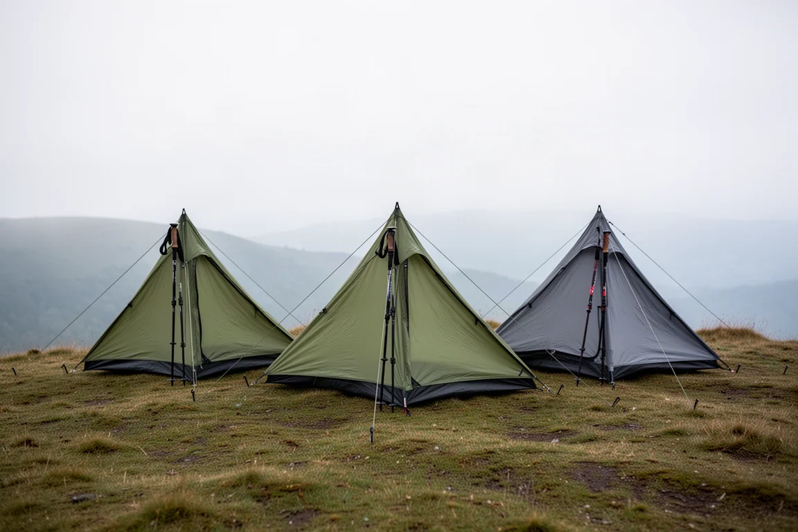 Three lightweight trekking pole tents pitched side by side on a grassy ridge under an overcast sky