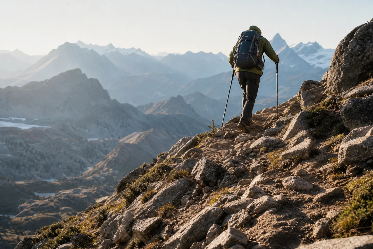 Hiker ascending a rocky mountain trail with trekking poles