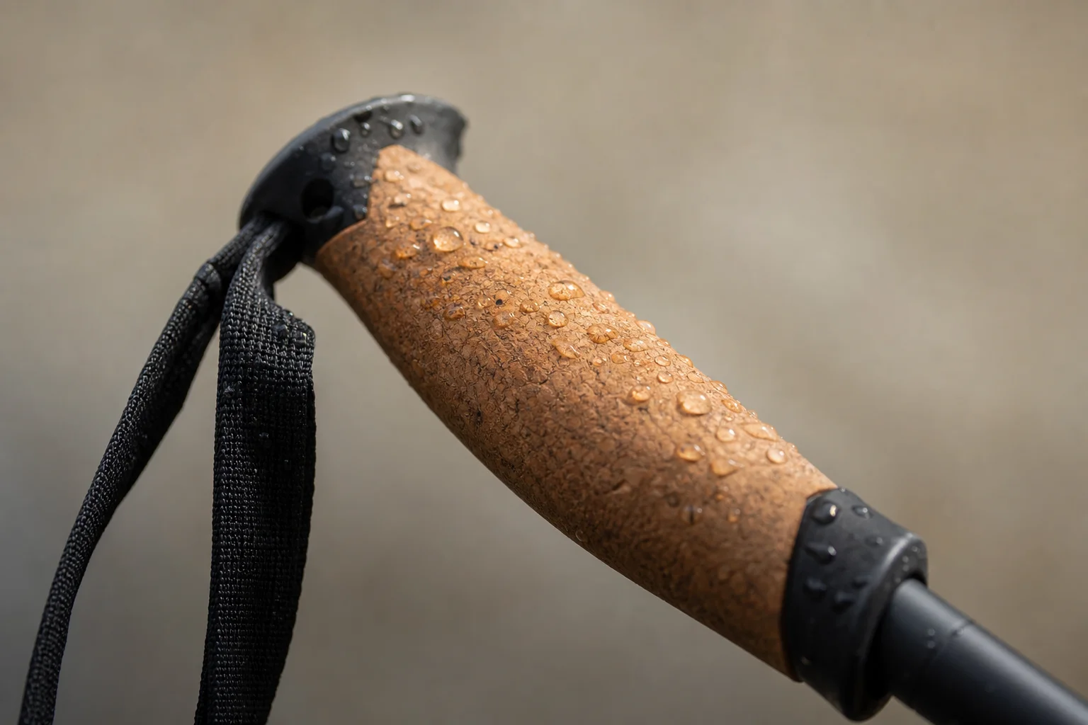 Close-up of cork grip trekking pole handle with moisture beading