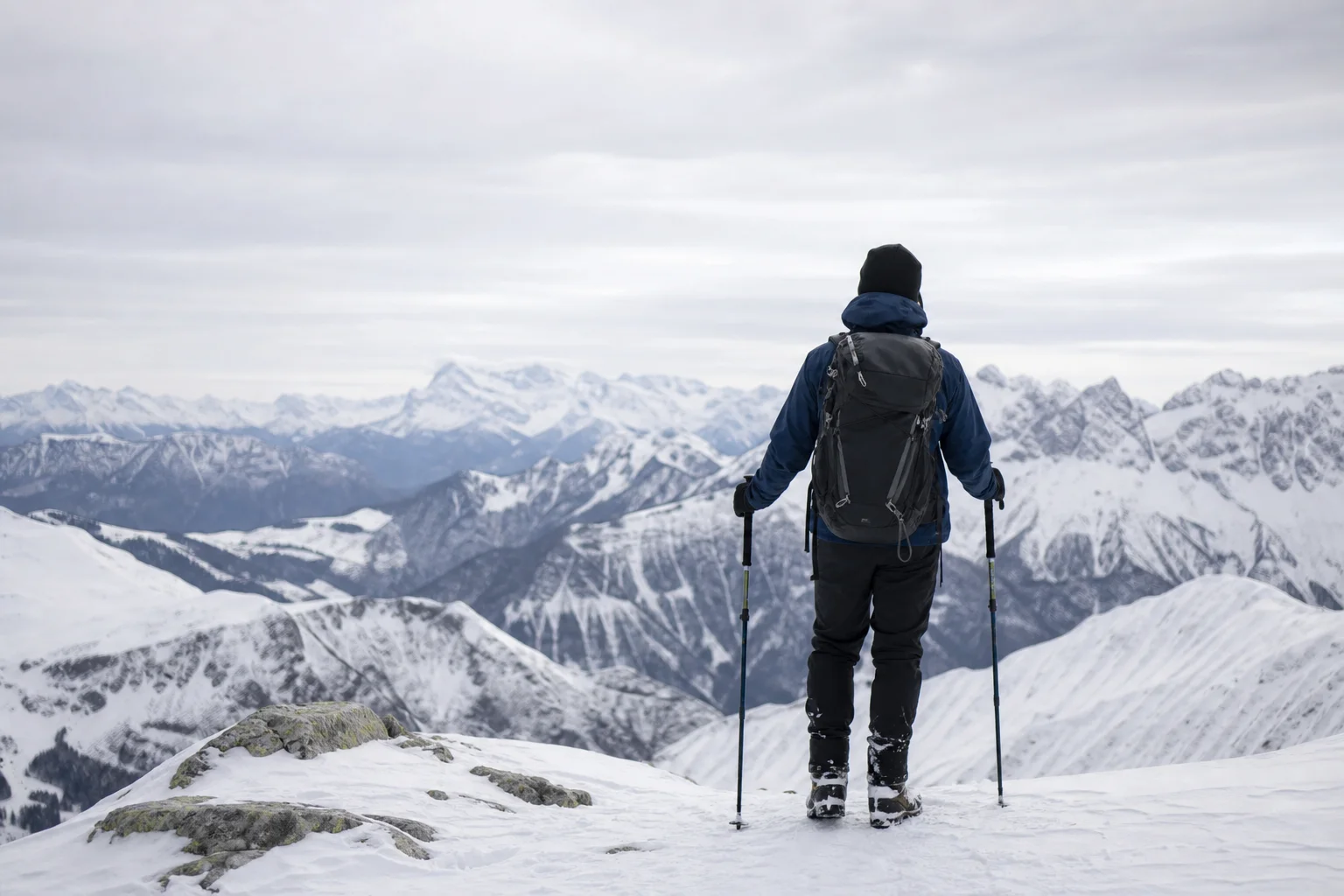 Hiker on a mountain ridge during winter with snow-covered terrain
