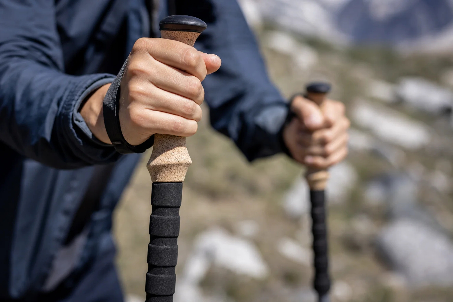 Manos de un senderista sujetando diferentes empuñaduras de bastones de trekking durante su uso