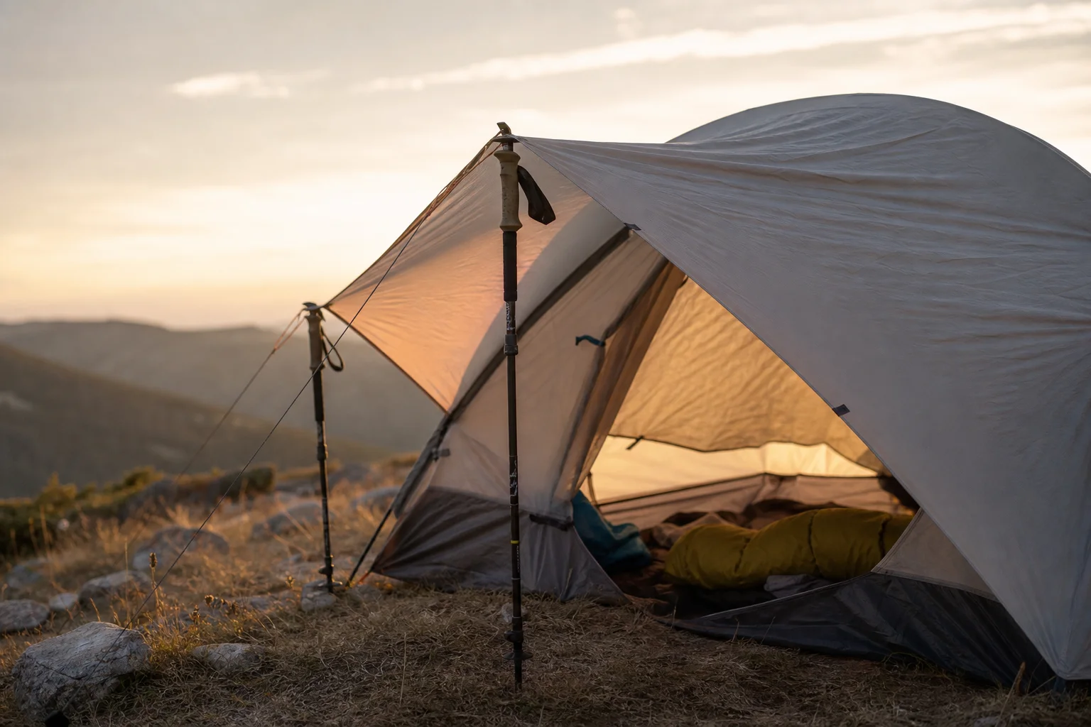 Bastones de trekking utilizados como soporte para una tienda de campaña en un campamento de montaña
