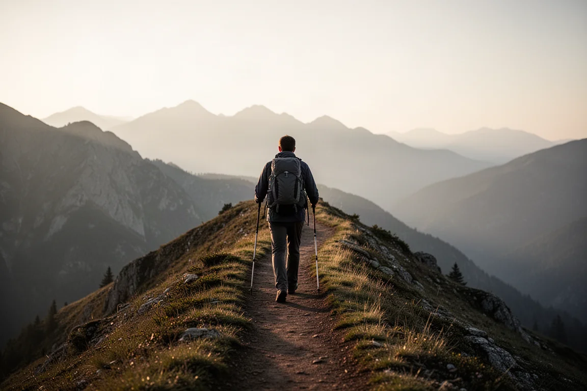 Caminhante percorrendo uma trilha na crista ao pôr do sol com bastões de trekking fincados no chão