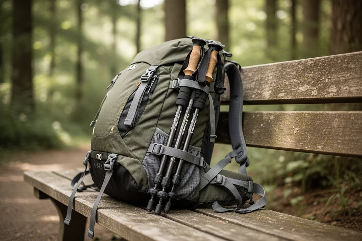 Bastões de trekking recolhidos presos a uma mochila de caminhada apoiada em um banco de madeira