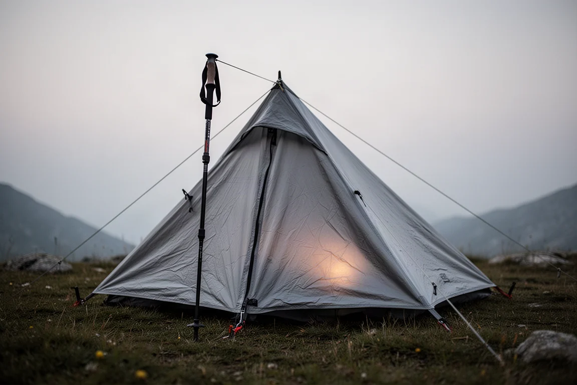 Bastão de trekking único sustentando um abrigo leve de caminhada ao anoitecer