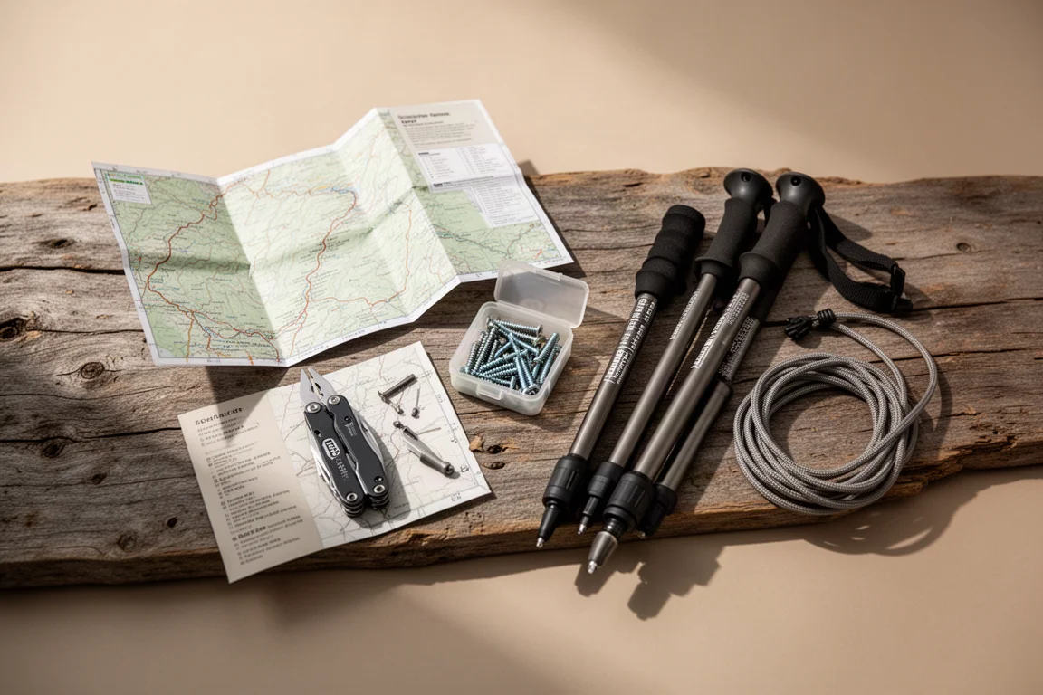 Vista de cima de um mapa, kit de reparos e seções recolhidas de bastão de trekking