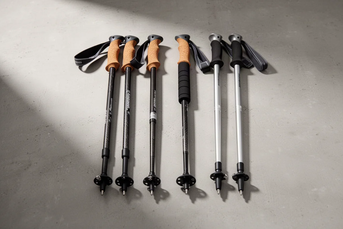 Four pairs of trekking poles arranged in a row on a matte concrete surface