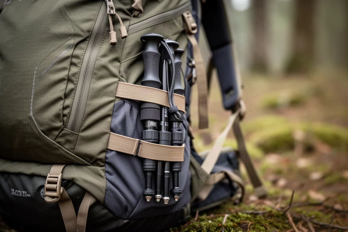 Złożony kij trekkingowy przypięty do boku plecaka turystycznego w omszałym lesie