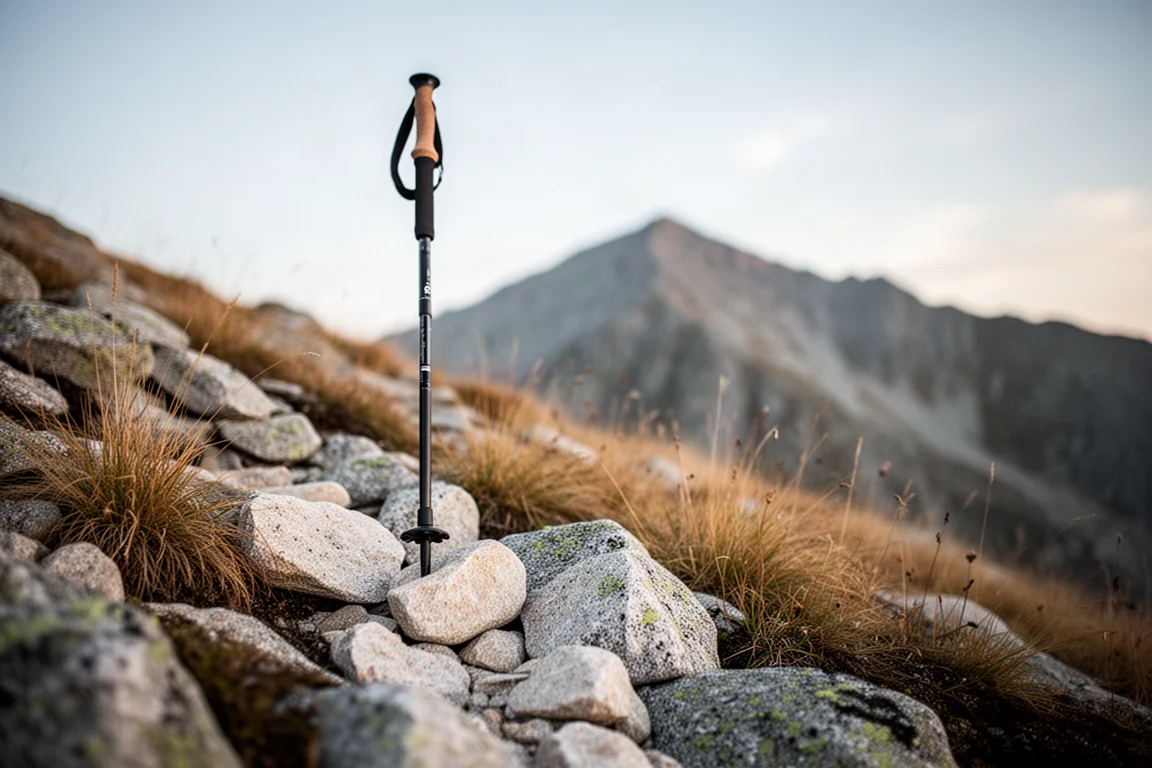 Pojedynczy cienki kij trekkingowy wbity na skalistym granitowym zboczu na poziomie gruntu
