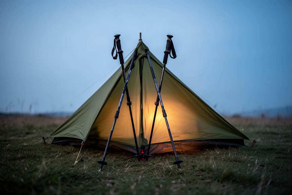 Kije trekkingowe podtrzymujące ultralekkie schronienie na trawiastym campingu o zmierzchu