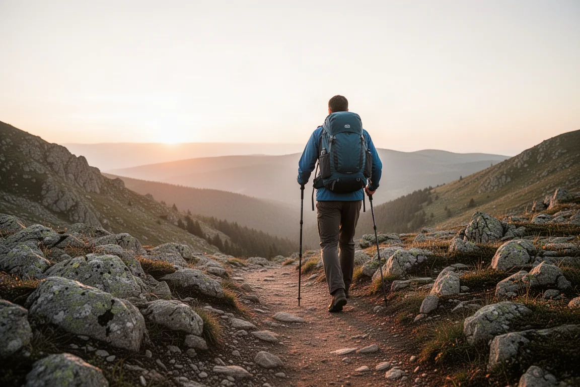 Caminhante usando bastões de caminhada em trilha rochosa de montanha ao nascer do sol