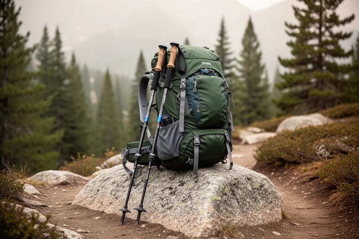 Bastões de caminhada de carbono ultraleves encostados em uma mochila na trilha
