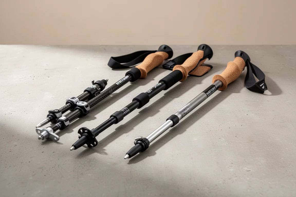 Four pairs of trekking poles with different grips on a concrete surface