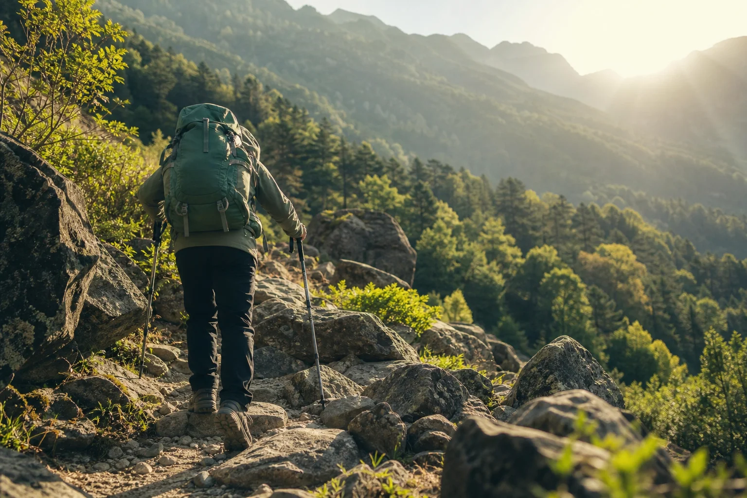 Hiker on a mountain trail with trekking poles in morning light