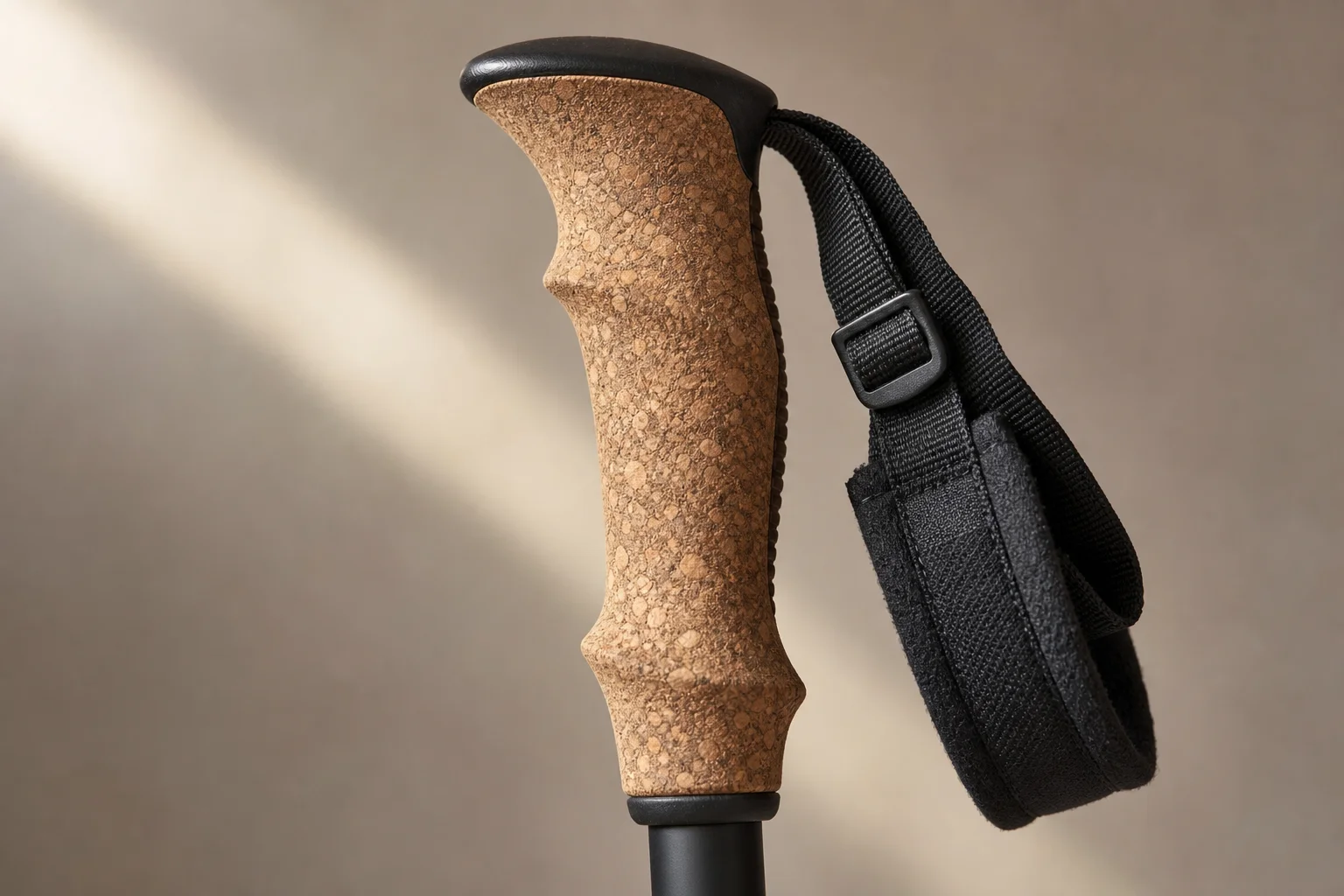 Close-up of a cork grip trekking pole handle with adjustable strap