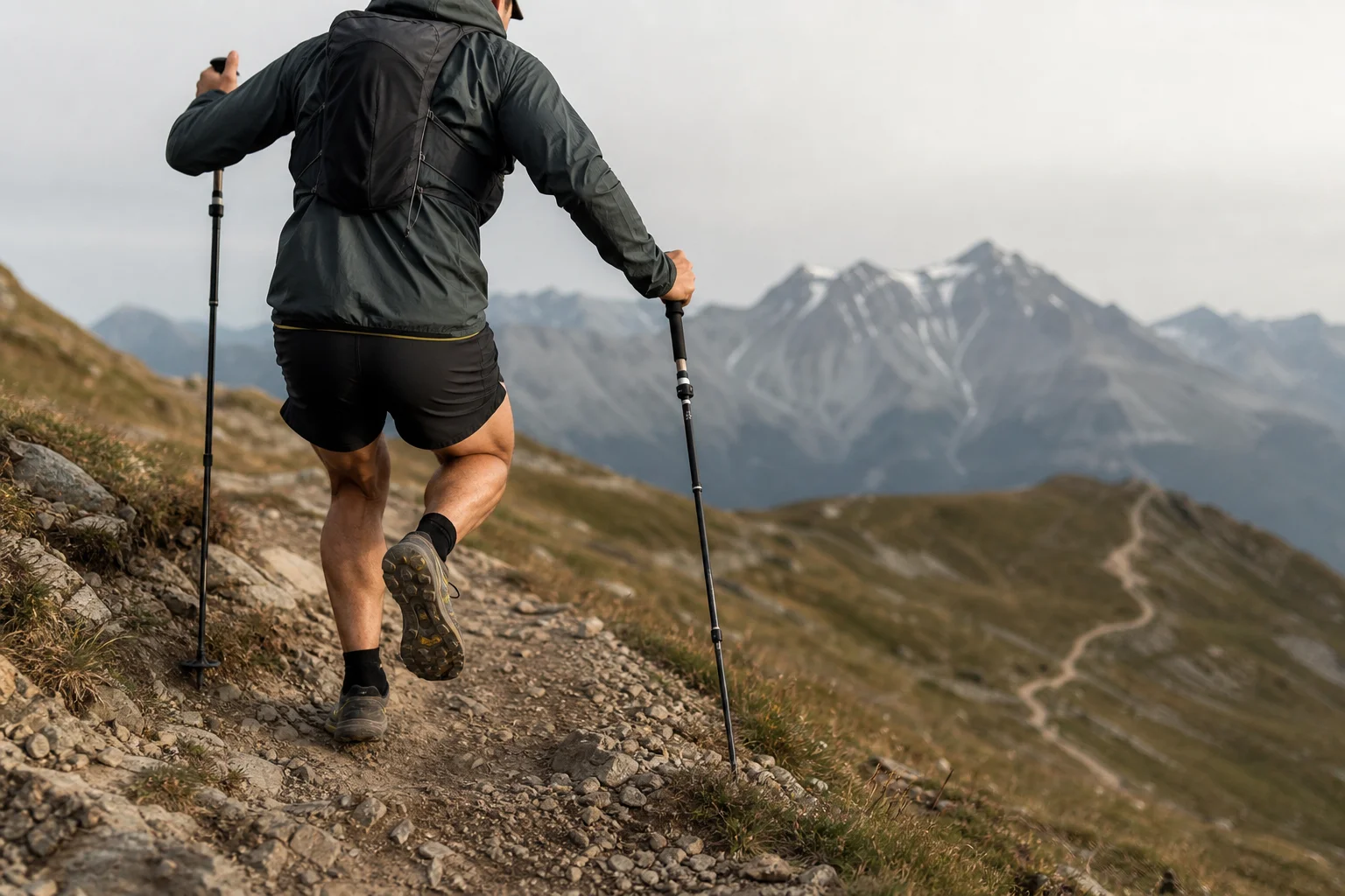 Trail runner descending a rocky mountain path with lightweight trekking poles