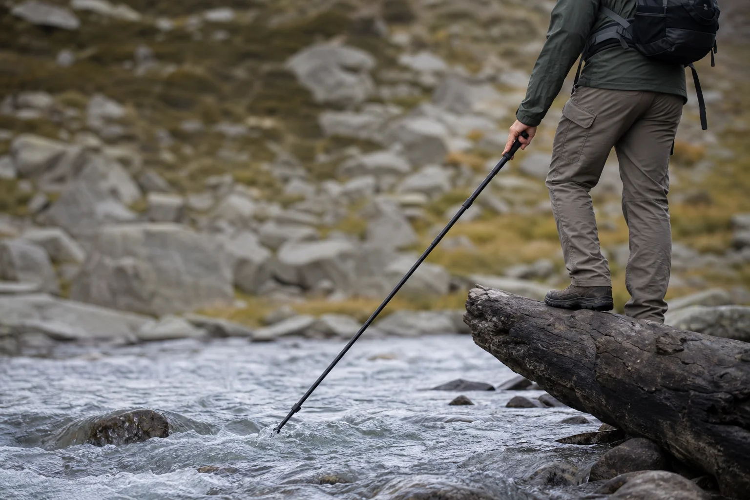Hiker using a single hiking staff for river crossing stability