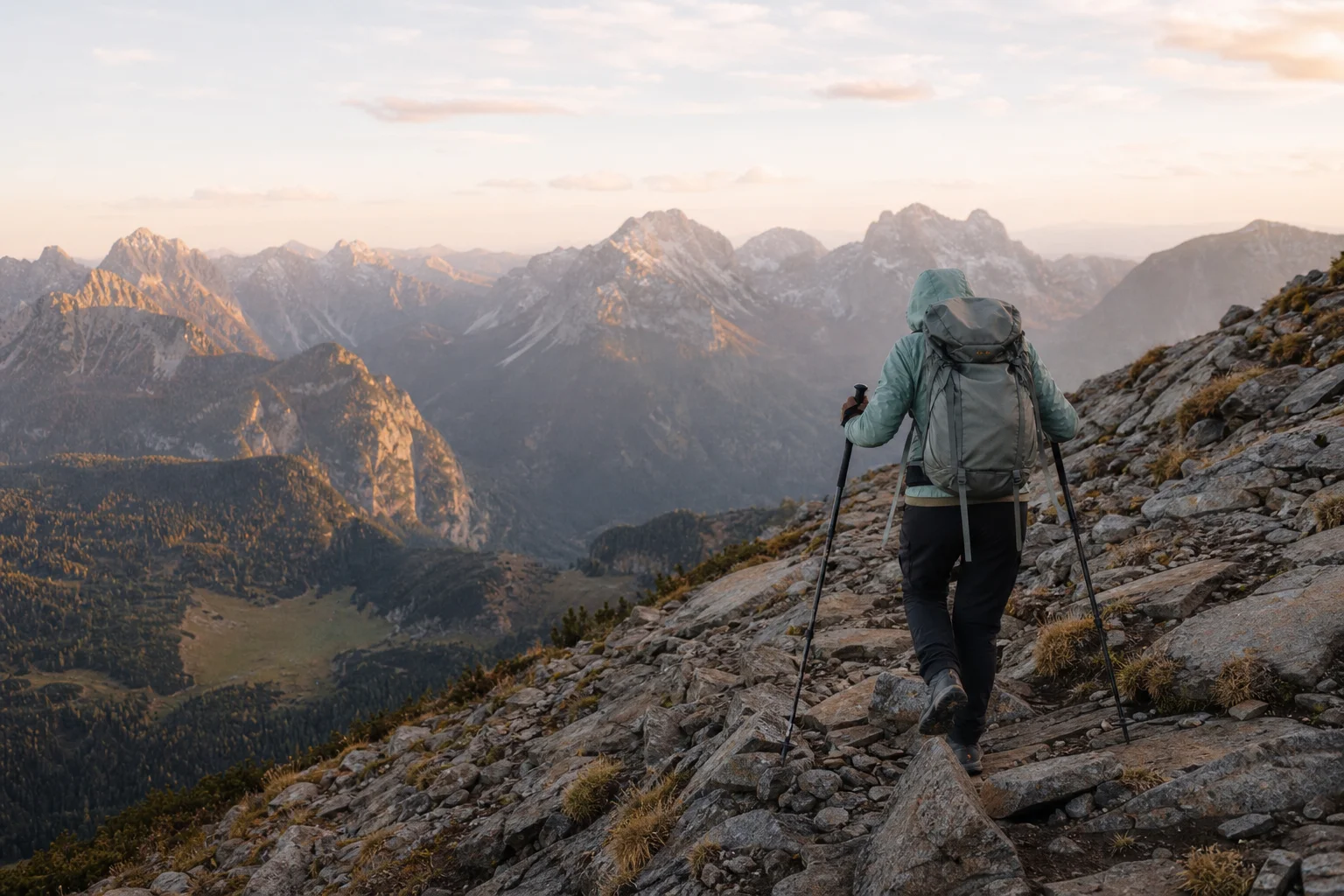Senderista usando bastones de trekking en un descenso de montaña empinado al atardecer
