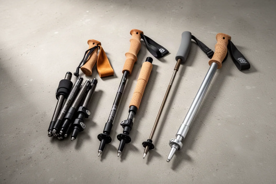 Four trekking poles with cork, suede, and foam grips laid out on a concrete surface