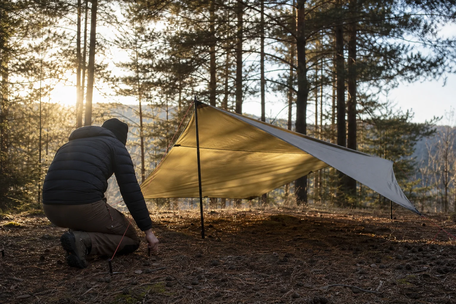Camper setting up a tarp shelter in a forest clearing during golden hour