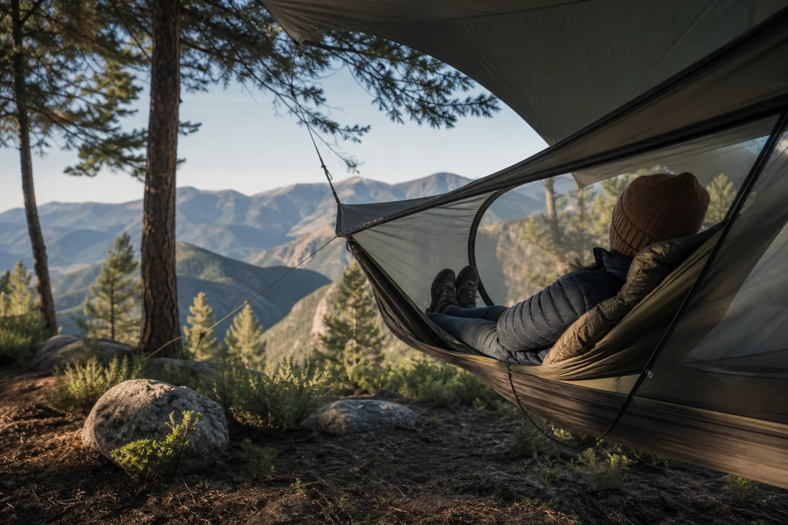 Hammock camper relaxing under a tarp shelter with zipped doors in mountains
