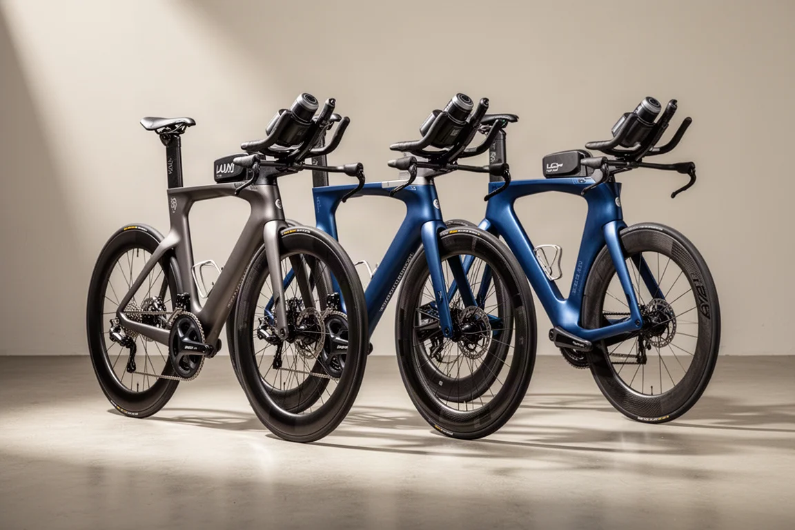 Three aerodynamic triathlon bikes with deep carbon wheels lined up in a studio