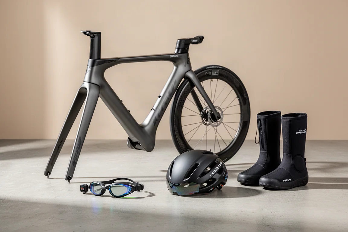 Triatlonuitrusting met een fietsframe, discwheel, zwembril, helm en herstellaarzen op een betonnen ondergrond