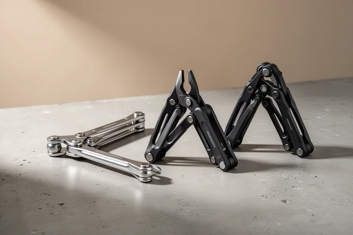 Three triple joint pliers with different linkage mechanisms on a concrete surface
