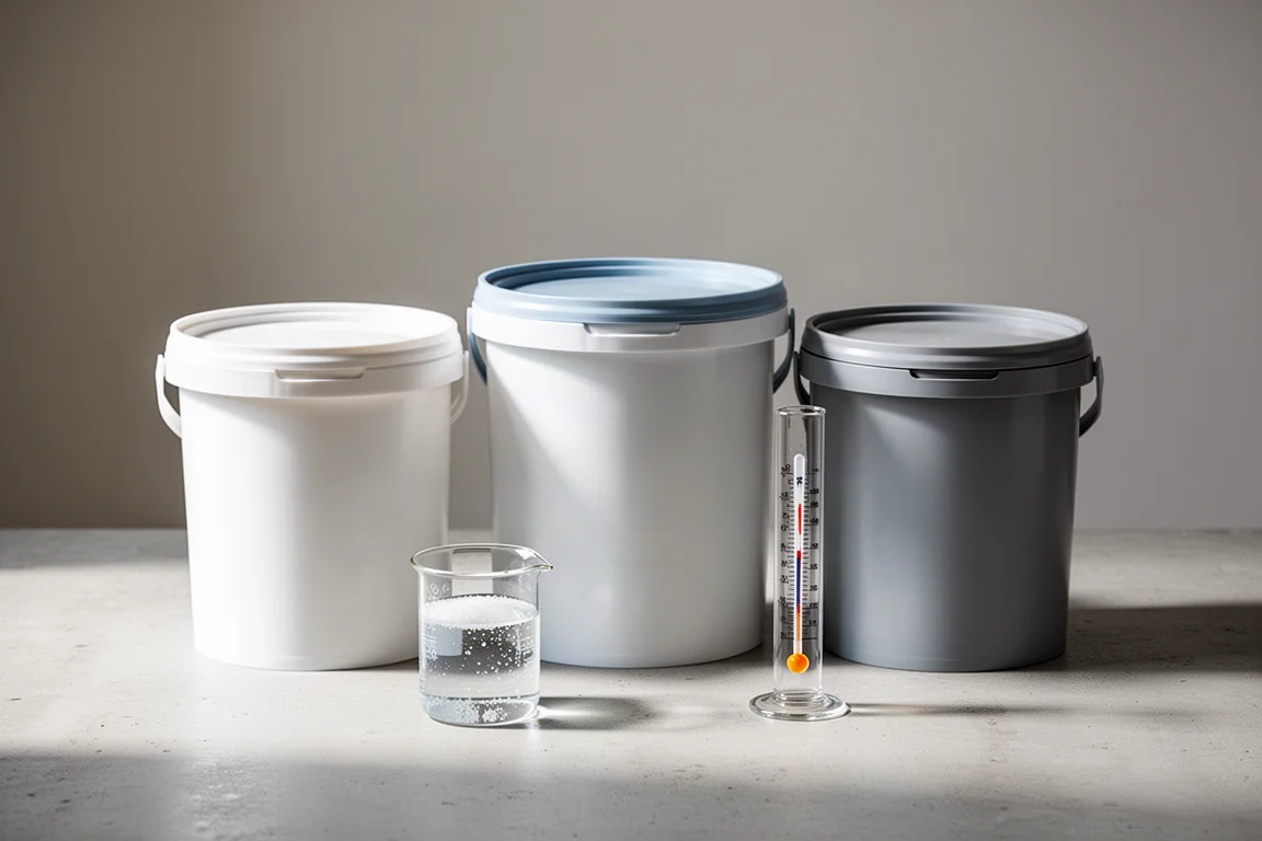 淡いコンクリート面に置かれたプラスチック製のソルトバケツと、調整済み海水の入ったビーカー
