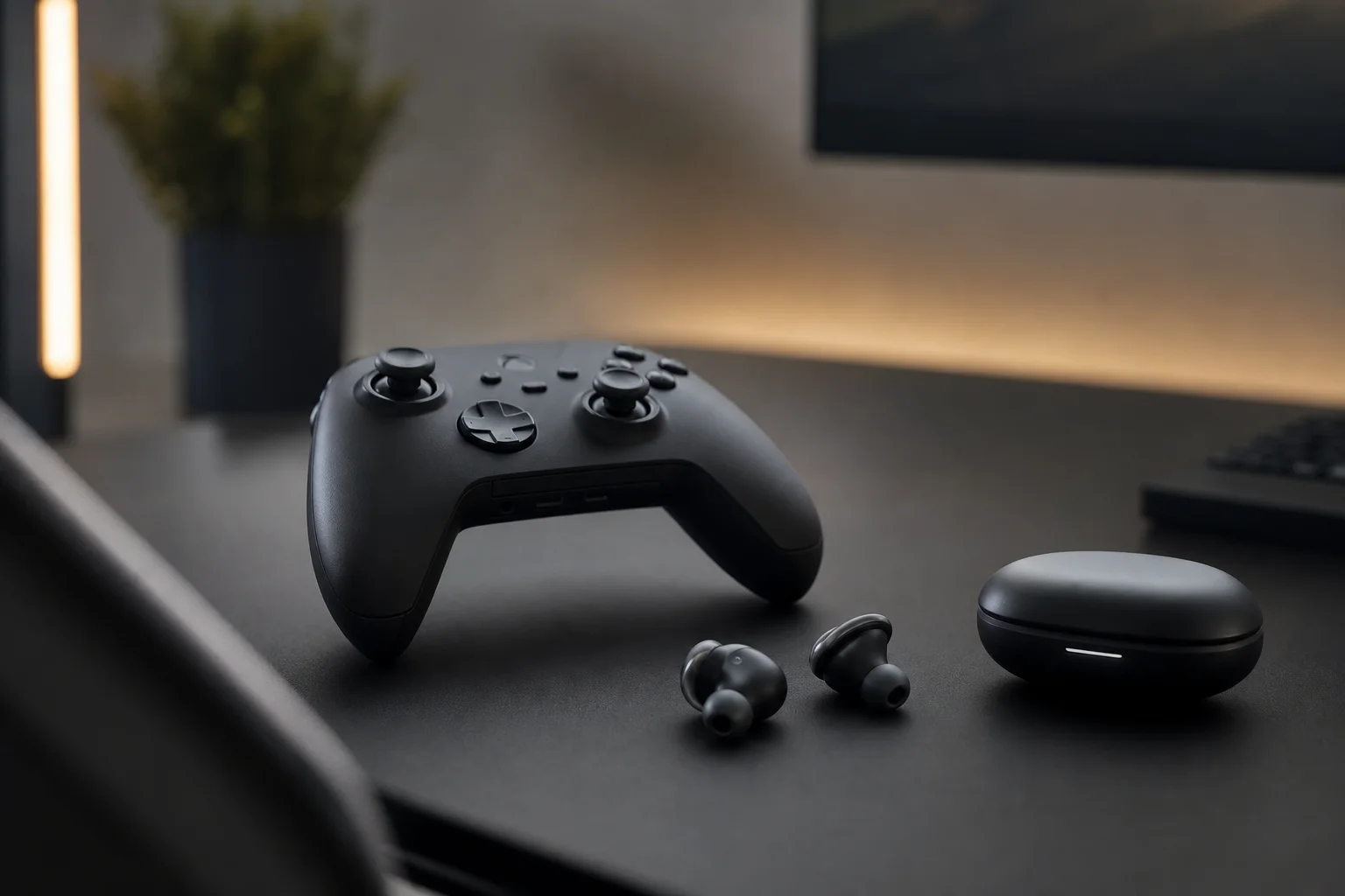 Configuration gaming avec écouteurs et manette sur un bureau