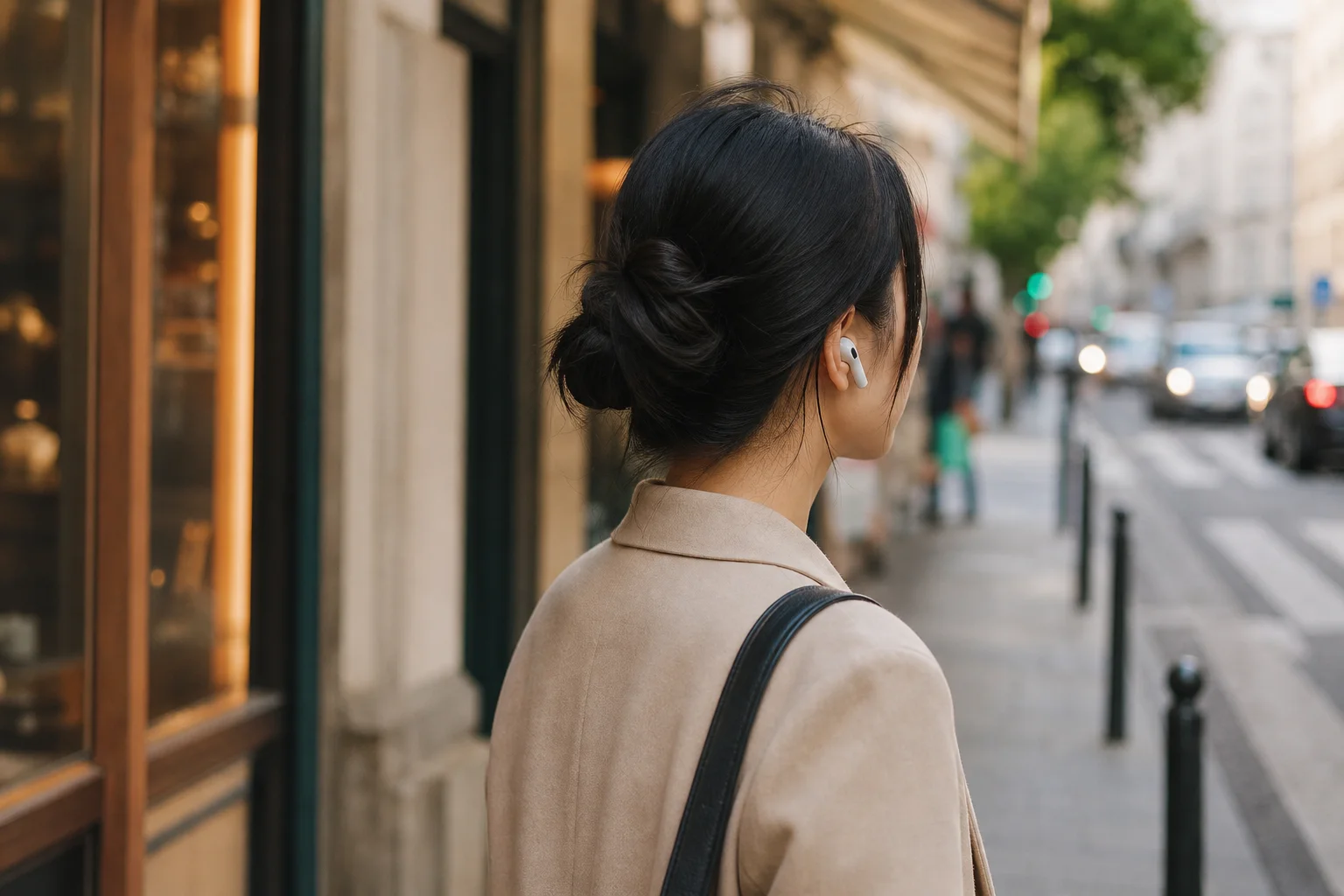 Personne utilisant le mode transparence des écouteurs en marchant dans un environnement urbain