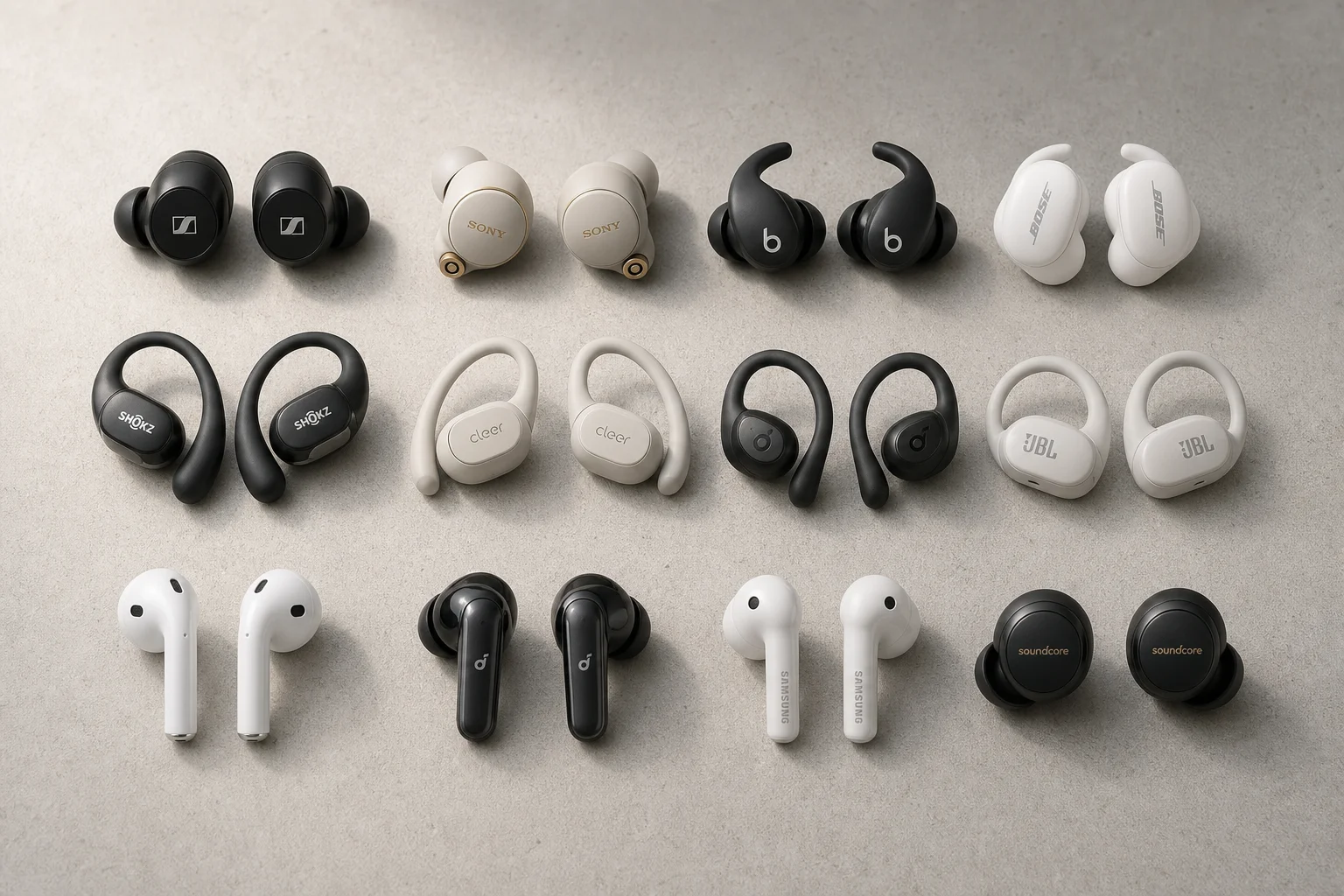 Collection of 12 true wireless earbuds arranged on concrete surface
