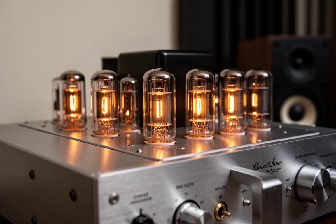 Glowing vacuum tubes on a vintage amplifier chassis in a dim listening room